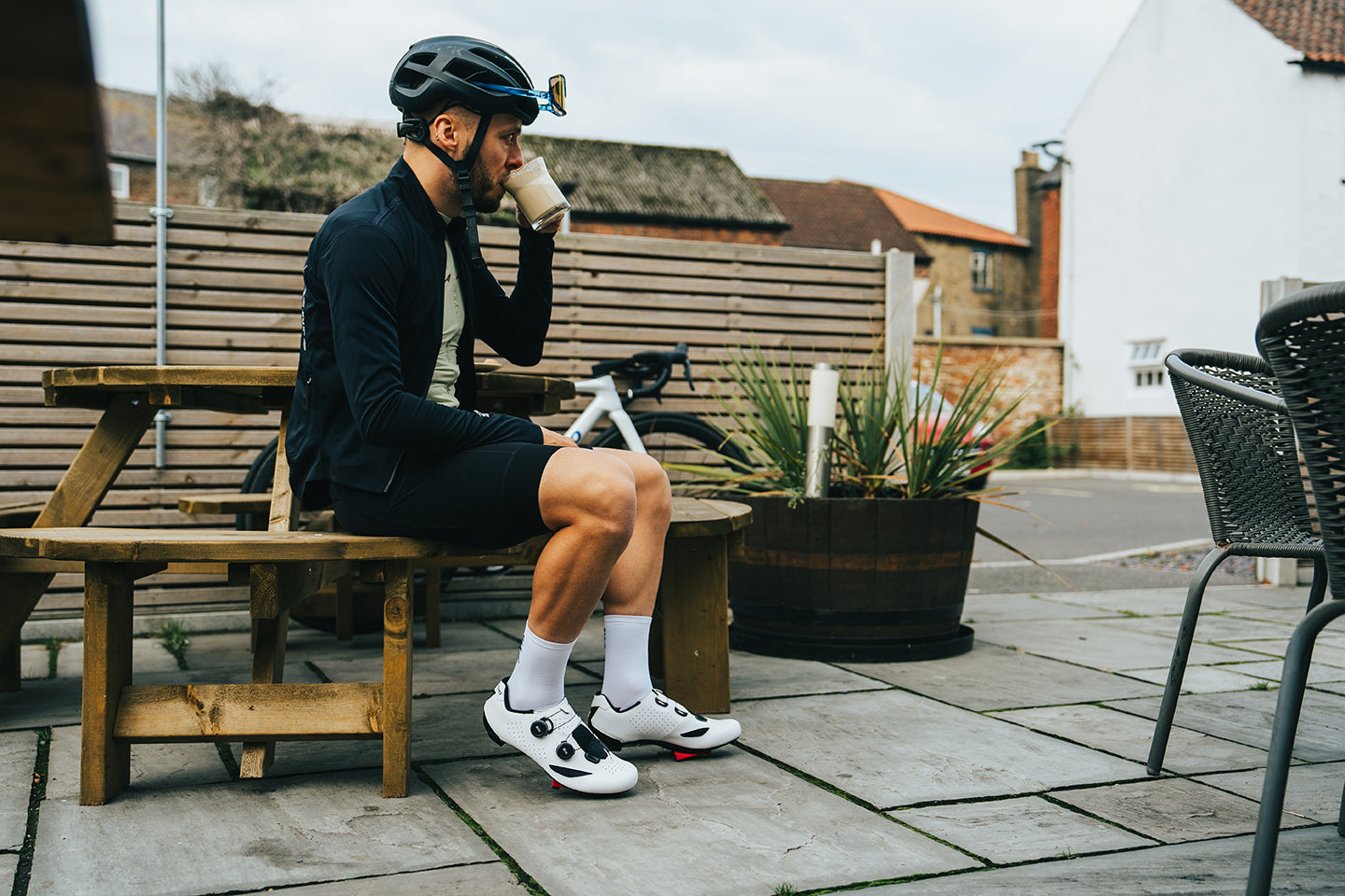 Cyclist drinking coffee wearing CX190s